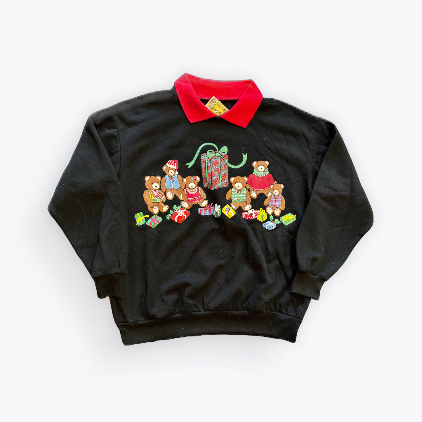 Vintage 90's Teddy Bears With Presents Collared Crewneck Sweatshirt