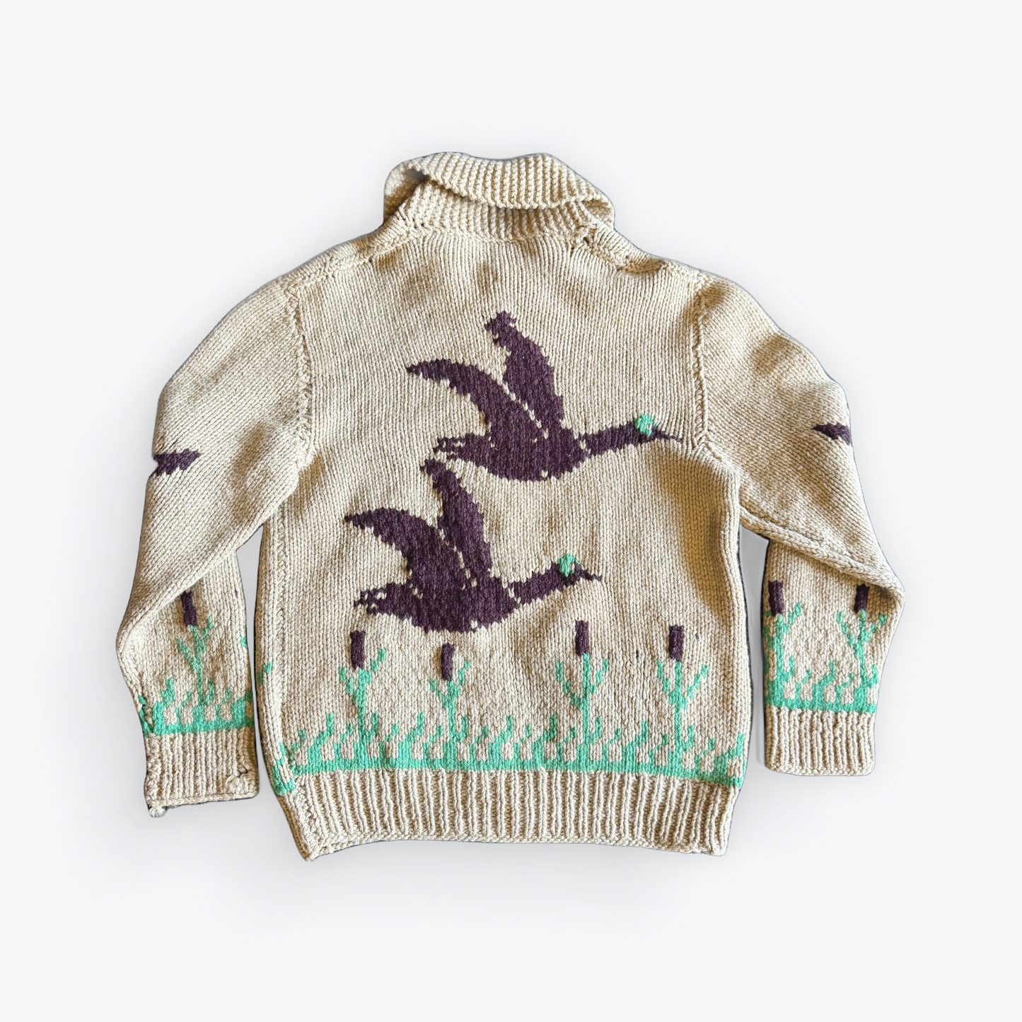 Vintage 50's Mid Century Cowichan Birds Hand Knit Heavyweight Sweater W/ Zipper
