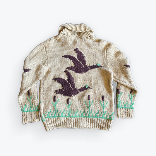Vintage 50's Mid Century Cowichan Birds Hand Knit Heavyweight Sweater W/ Zipper