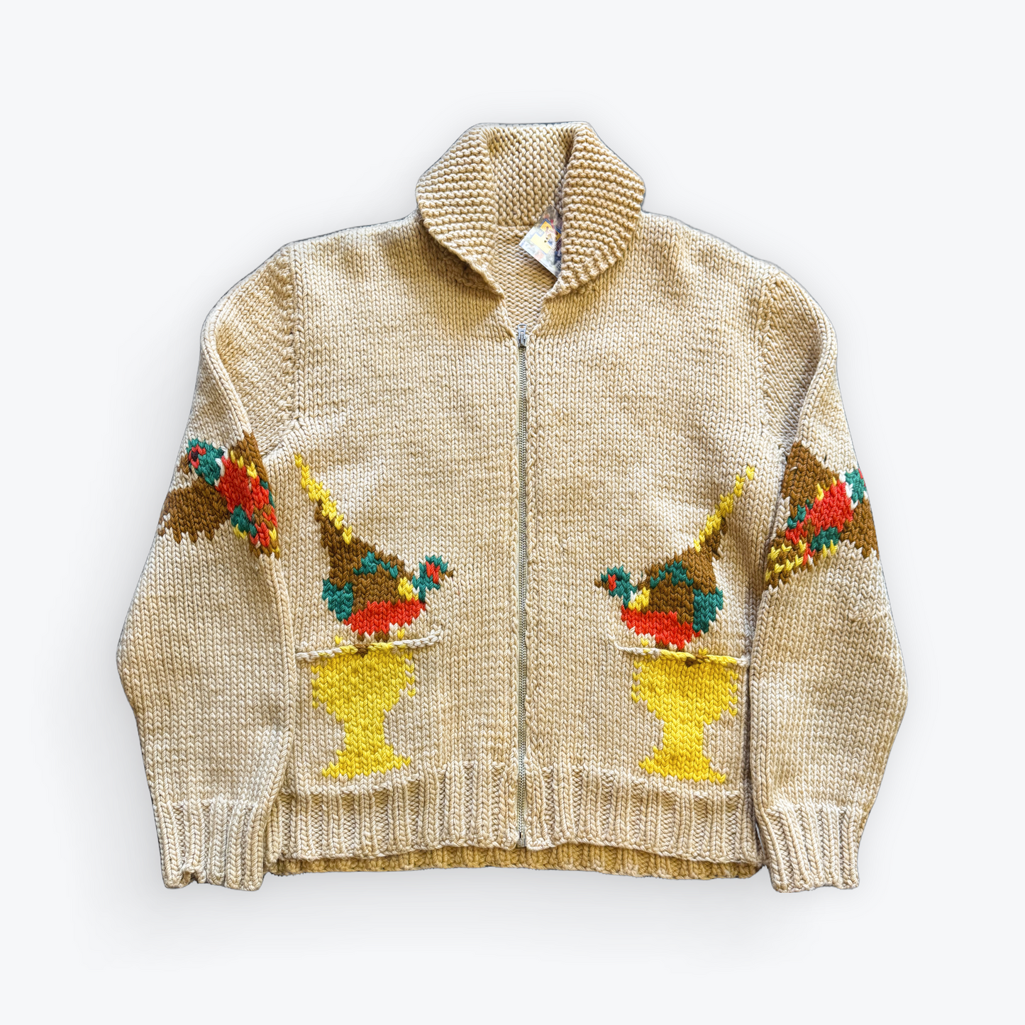 Vintage 50's Mid Century Cowichan Birds Hand Knit Heavyweight Sweater W/ Zipper