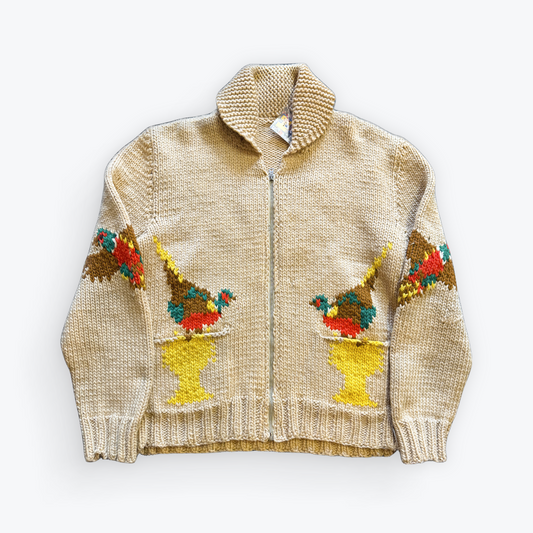 Vintage 50's Mid Century Cowichan Birds Hand Knit Heavyweight Sweater W/ Zipper
