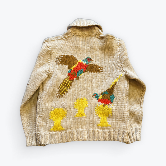Vintage 50's Mid Century Cowichan Birds Hand Knit Heavyweight Sweater W/ Zipper