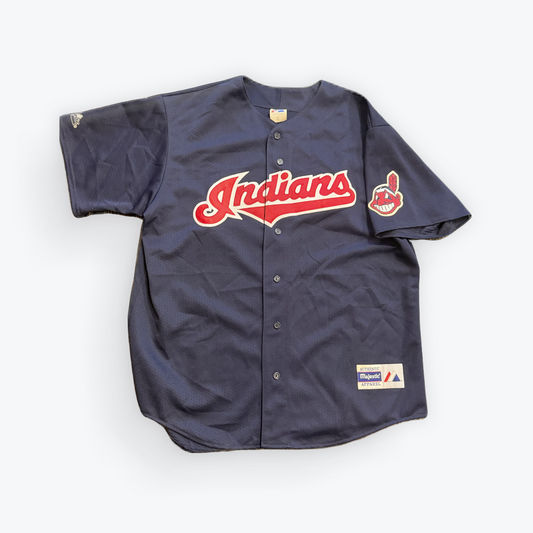 Vintage 90's Majestic Cleveland Indians Script Jersey W/ Chief Wahoo Sleeve Hit