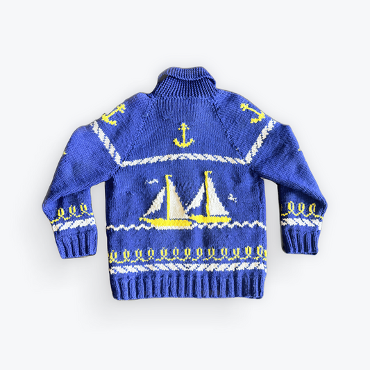 Vintage 50's Mid Century Cowichan Sailboats Hand Knit Heavyweight Sweater W/ Zipper