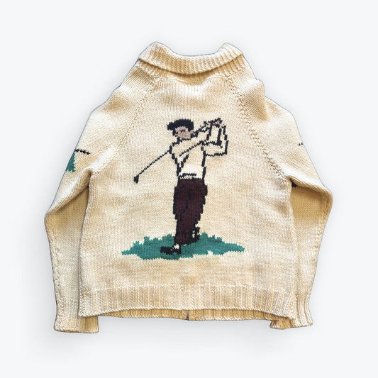 Vintage 50's Mid Century Cowichan Golf FORE Hand Knit Heavyweight Sweater W/ Zipper
