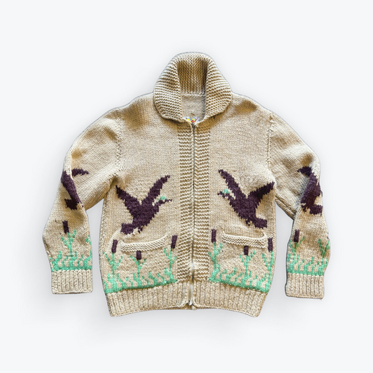 Vintage 50's Mid Century Cowichan Birds Hand Knit Heavyweight Sweater W/ Zipper